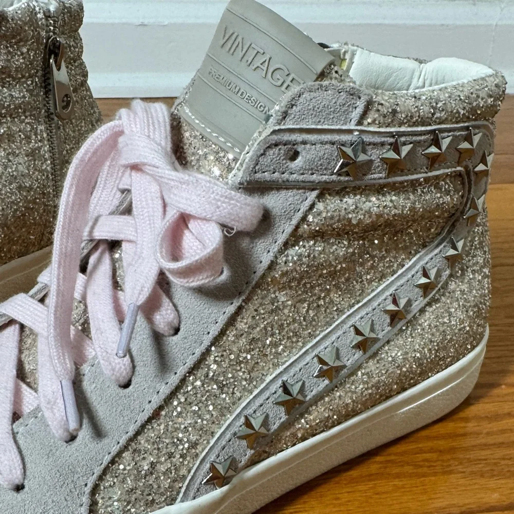 Vintage Havana Hailey High Washed Glitter Sneakers with Star Studs & Pink Laces - Picture 6 of 8